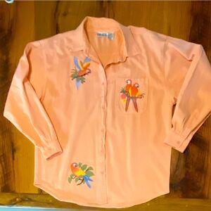 Las Olas 100% Cotton Button Front Long Sleeve Top in Pretty Peach w/ Parrots, XL